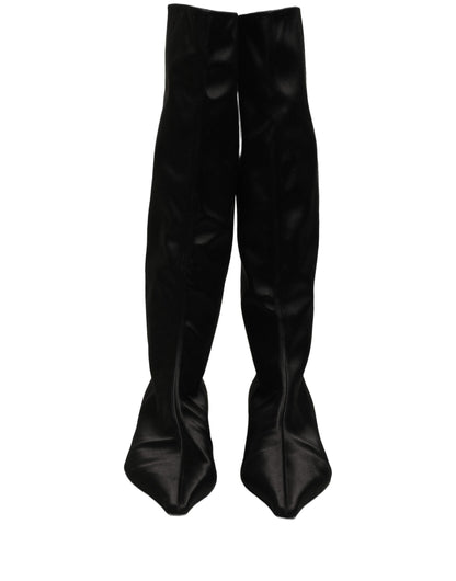Black Satin Knee High Kitten Boots Shoes
