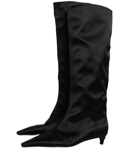 Black Satin Knee High Kitten Boots Shoes