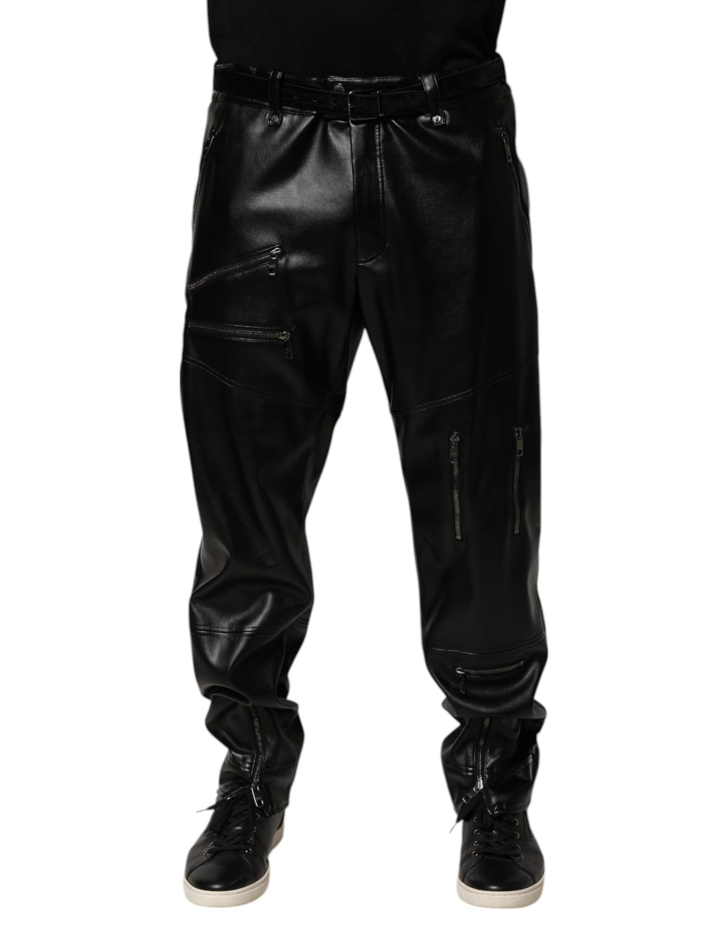 Black PU Leather Zipper Men Trouser Pants