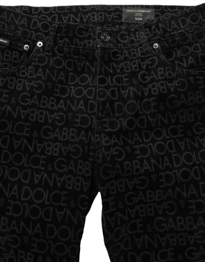 Black Logo Monogram Cotton Slim Denim Jeans
