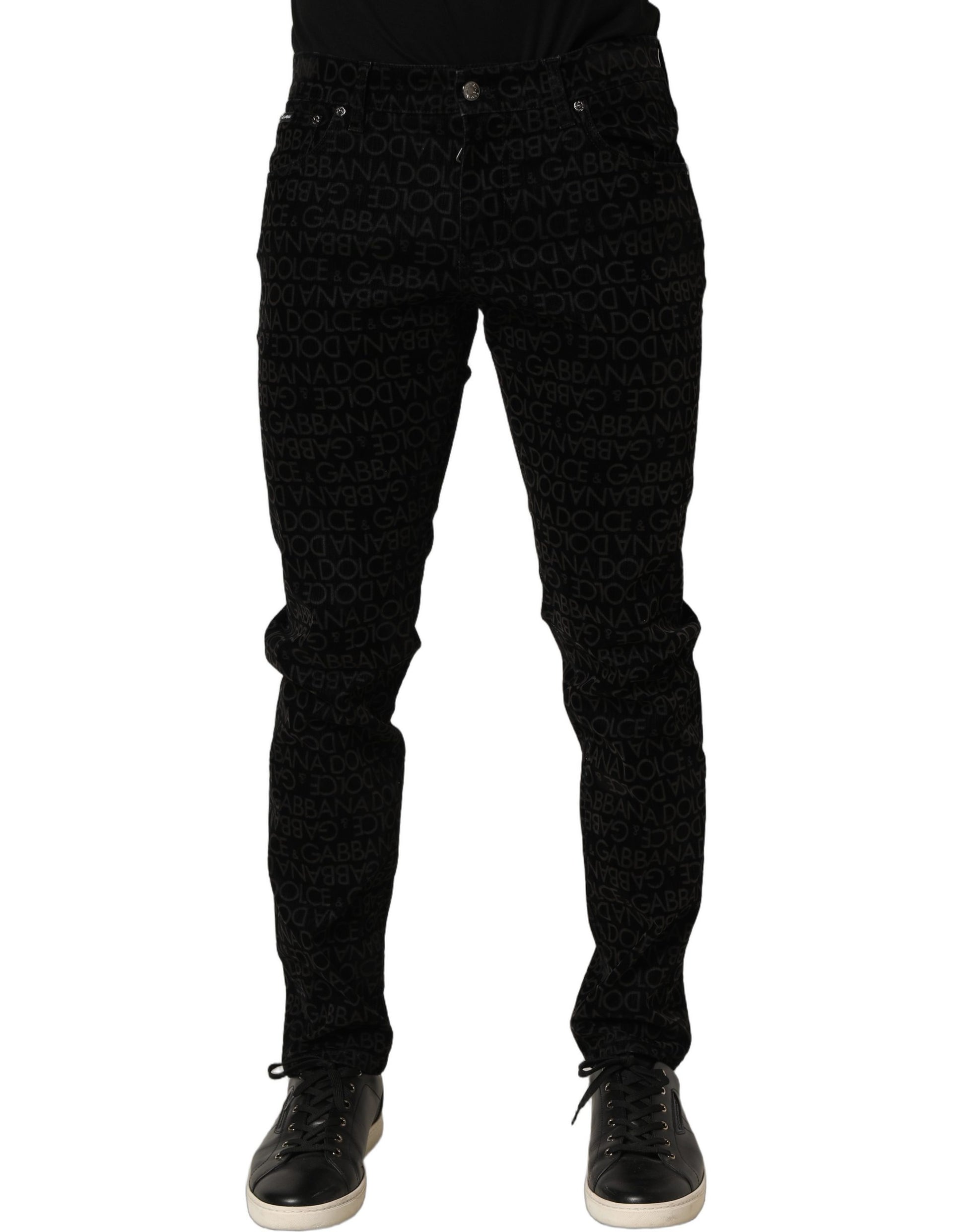 Black Logo Monogram Cotton Slim Denim Jeans