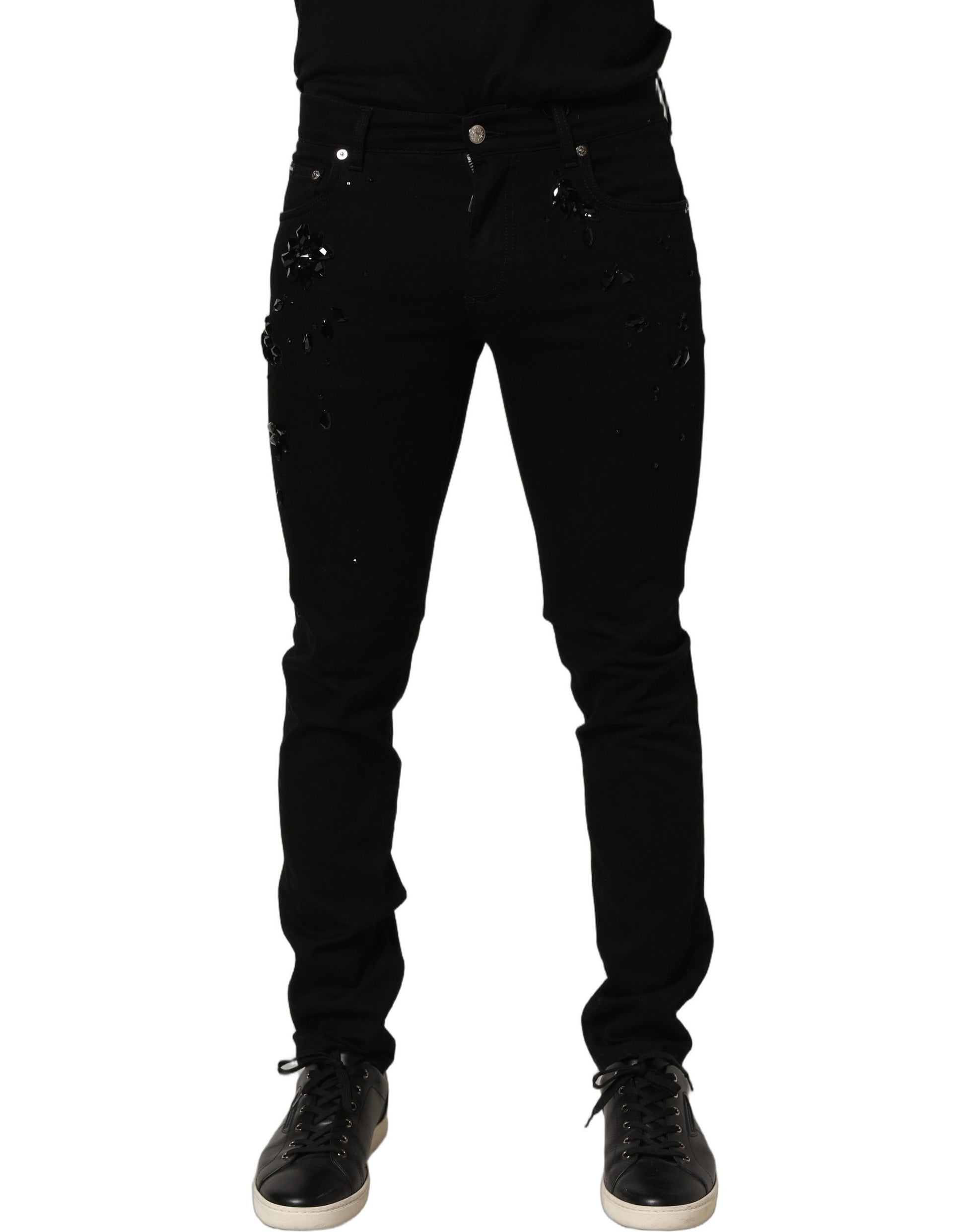 Black Embellished Cotton Skinny Denim Jeans