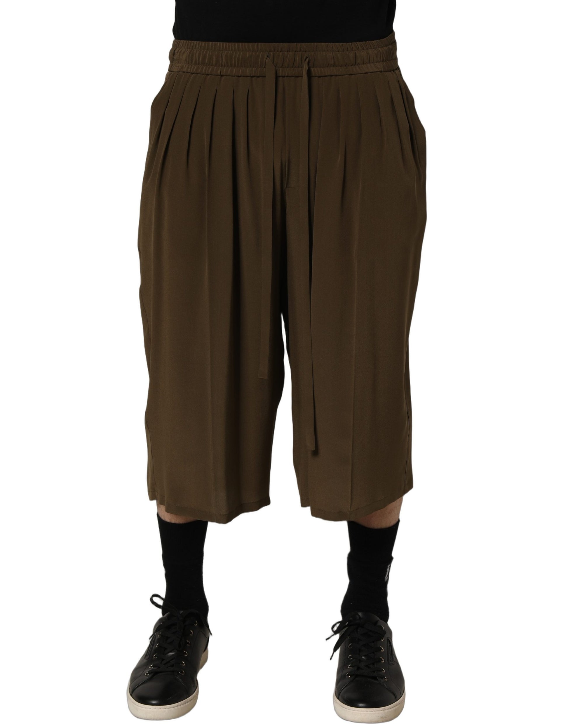 Brown Silk Mid Waist Pleated Bermuda Shorts