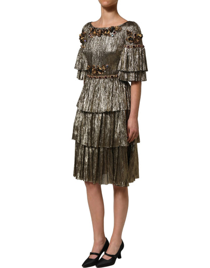 Metallic Gold Embellished Tiered Midi Dress