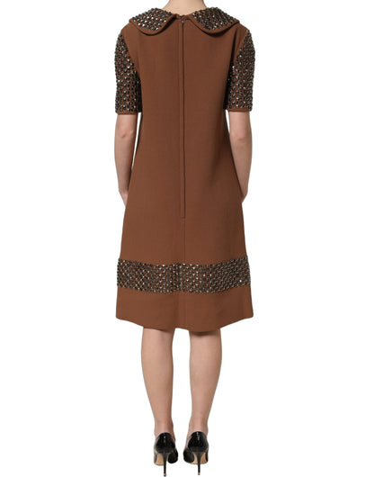 Brown Wool Rhinestone Embellished Midi Dress
