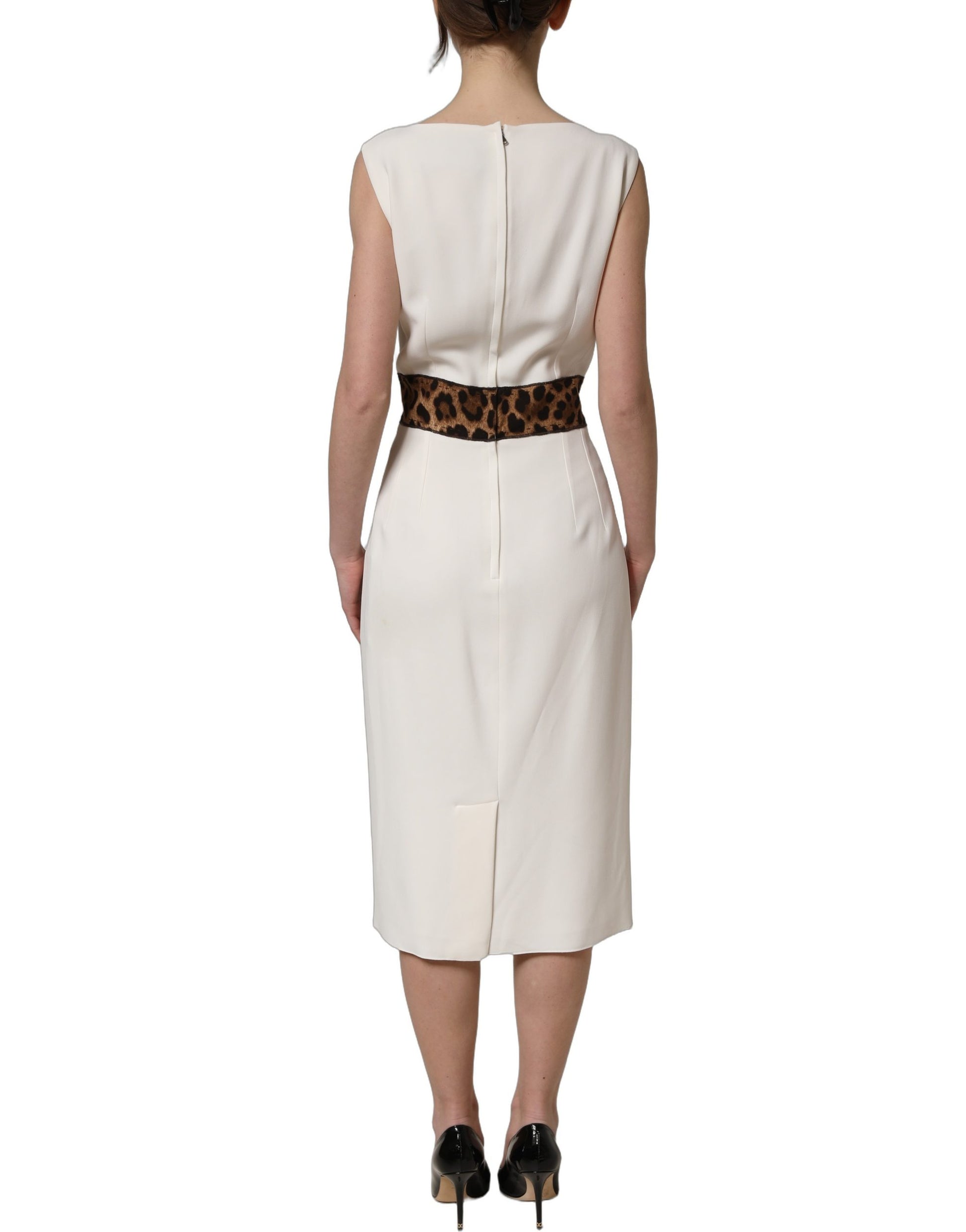 White Leopard Sleeveless Sheath Midi Dress
