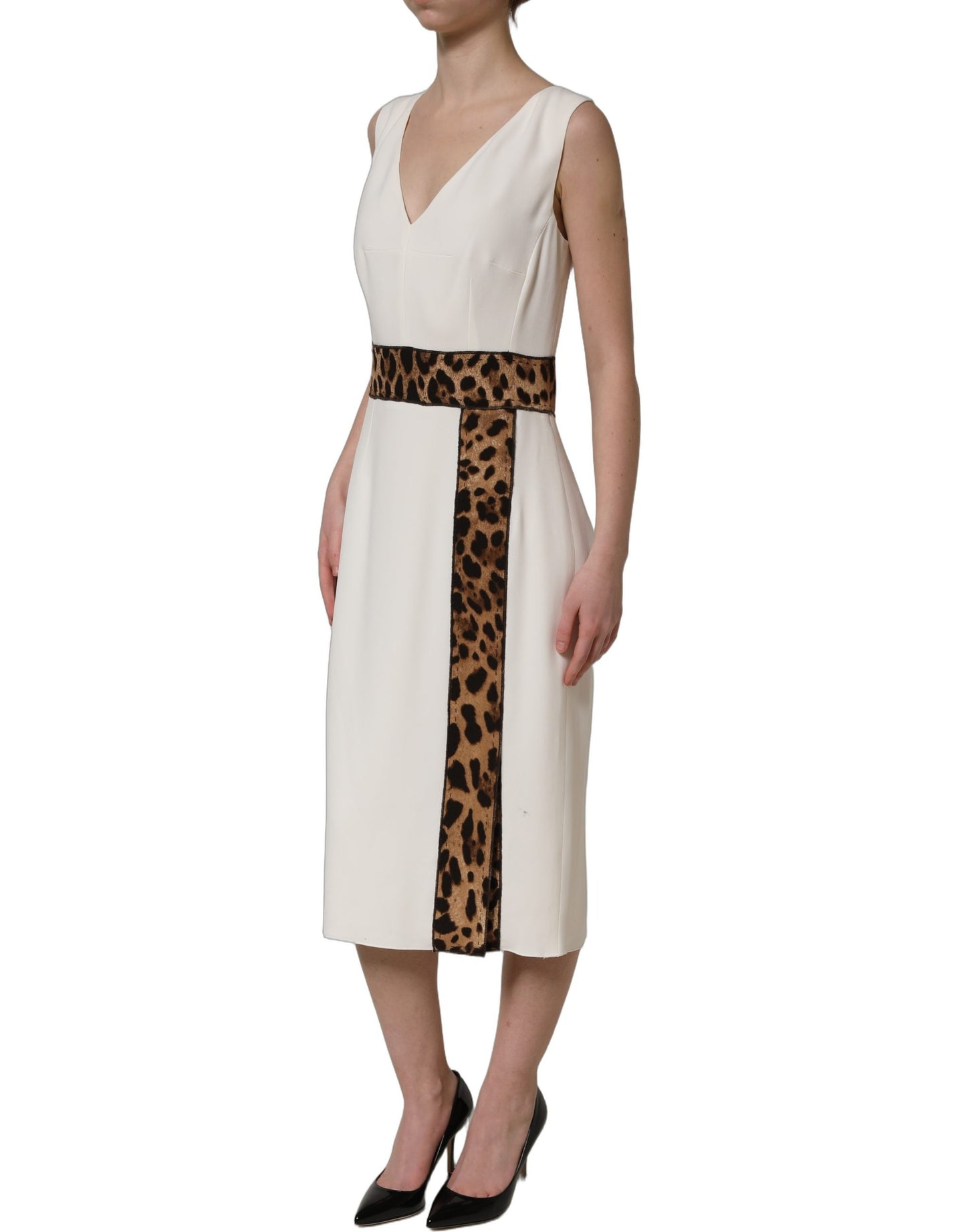 White Leopard Sleeveless Sheath Midi Dress