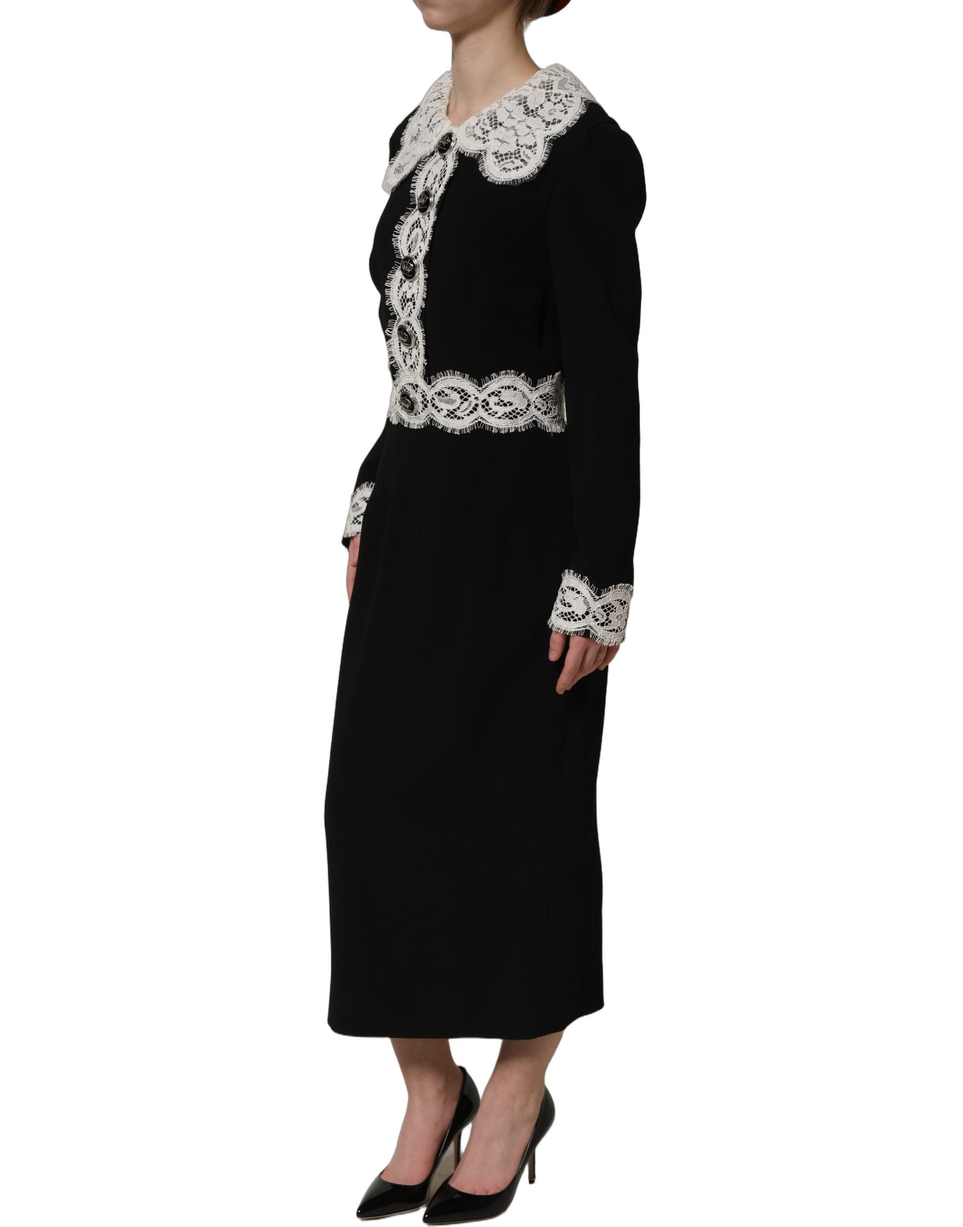 Black Lace Detailing Long Sleeves Midi Dress
