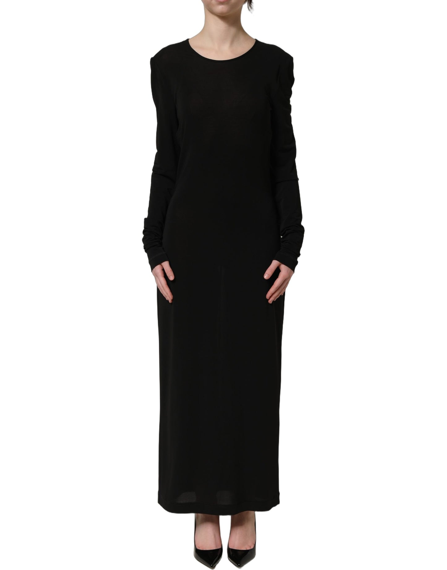 Black Cotton Long Sleeves Sheath Maxi Dress