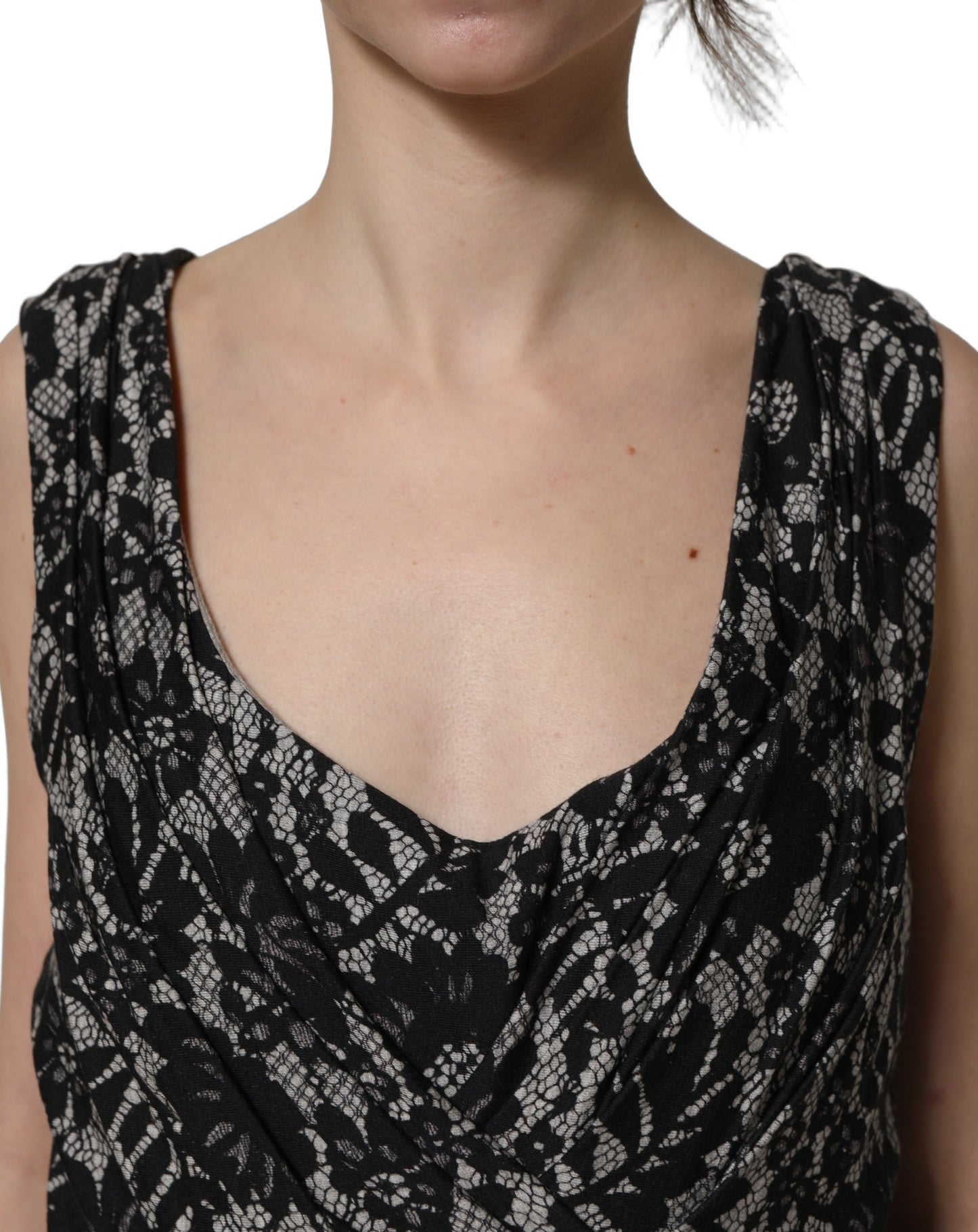 Black White Floral Lace Sleeveless Midi Dress