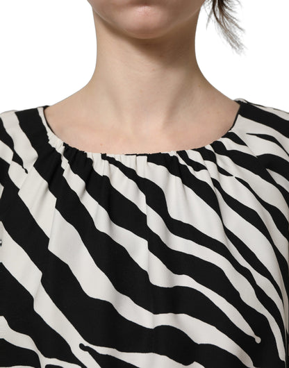 Black White Zebra Ruched Silk Mini Dress