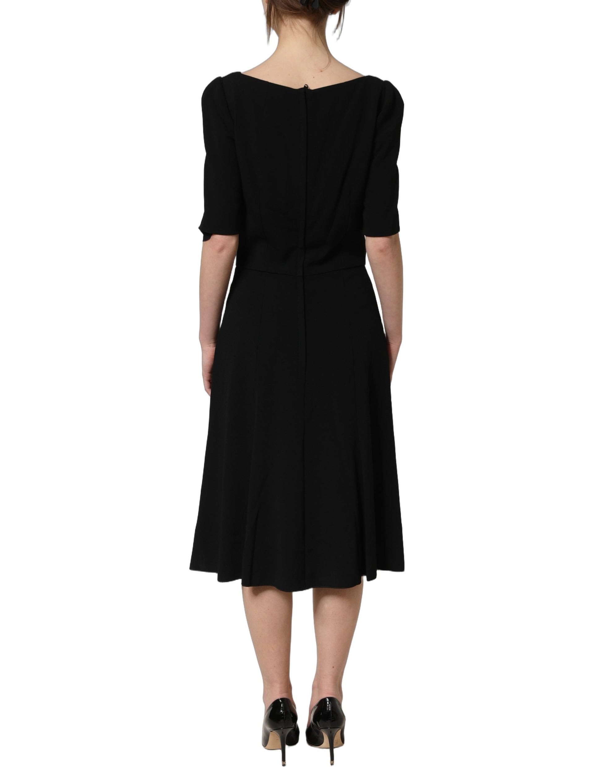 Black Viscose Short Sleeve A-line Midi Dress