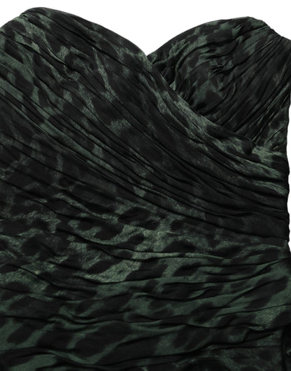 Green Leopard Print Bustier Draped Midi Dress