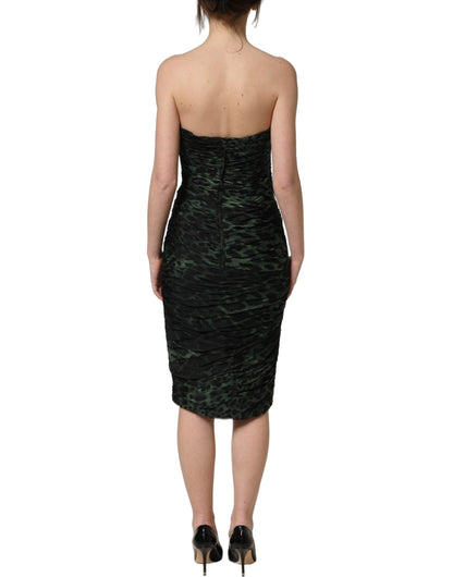 Green Leopard Print Bustier Draped Midi Dress