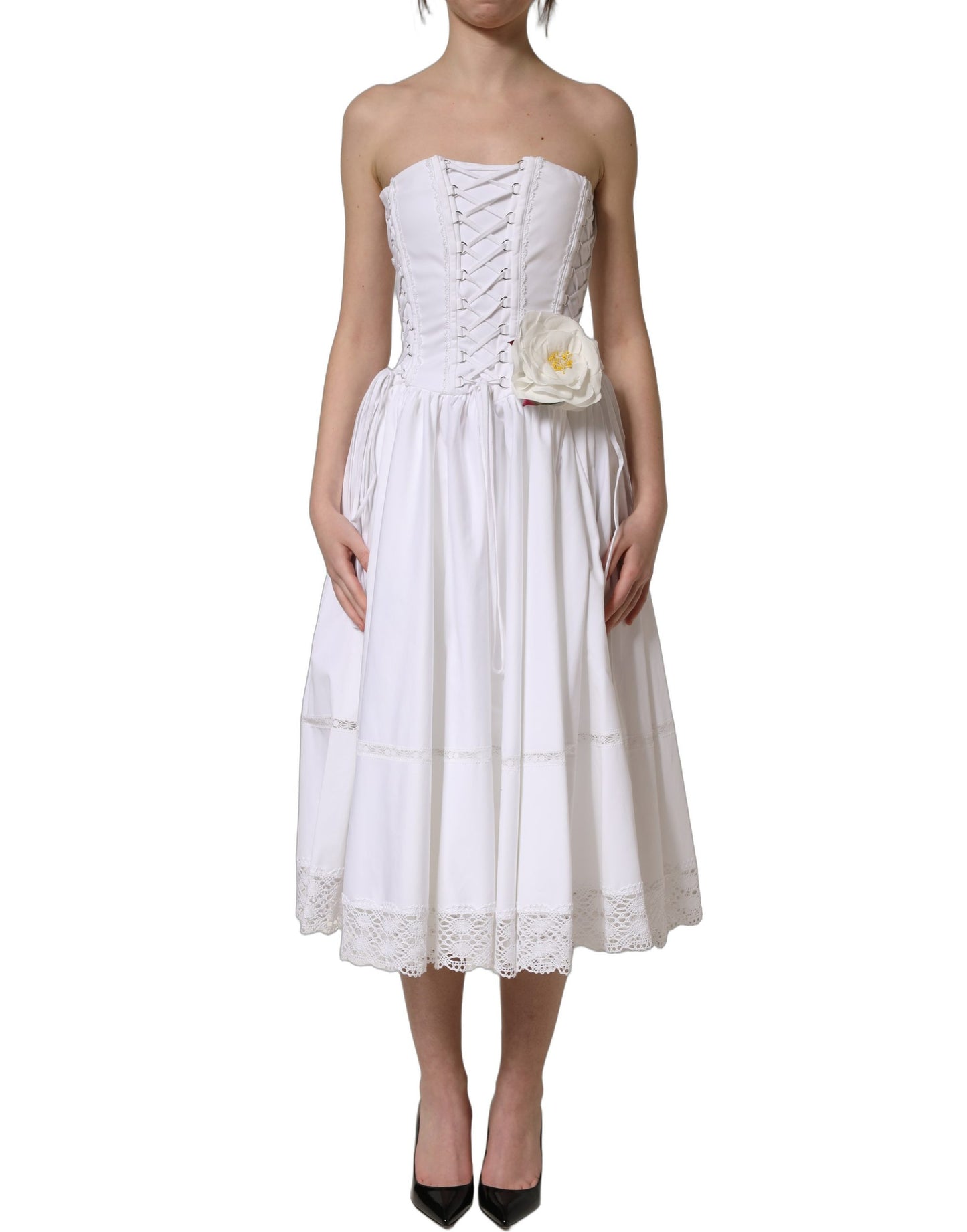 White Cotton Gabardine Bustier Midi Dress