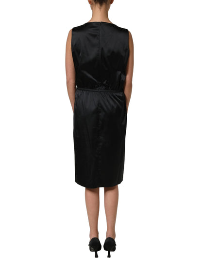 Black Polyester LaceTrim Sheath Midi Dress