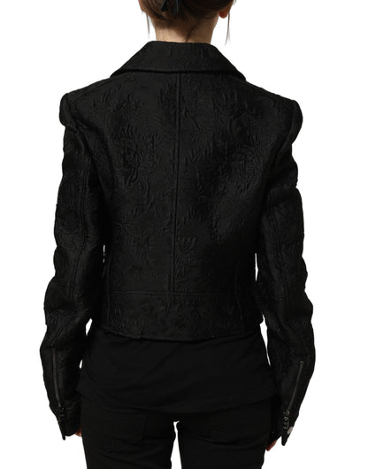 Black Floral Brocade Biker Blouson Jacket