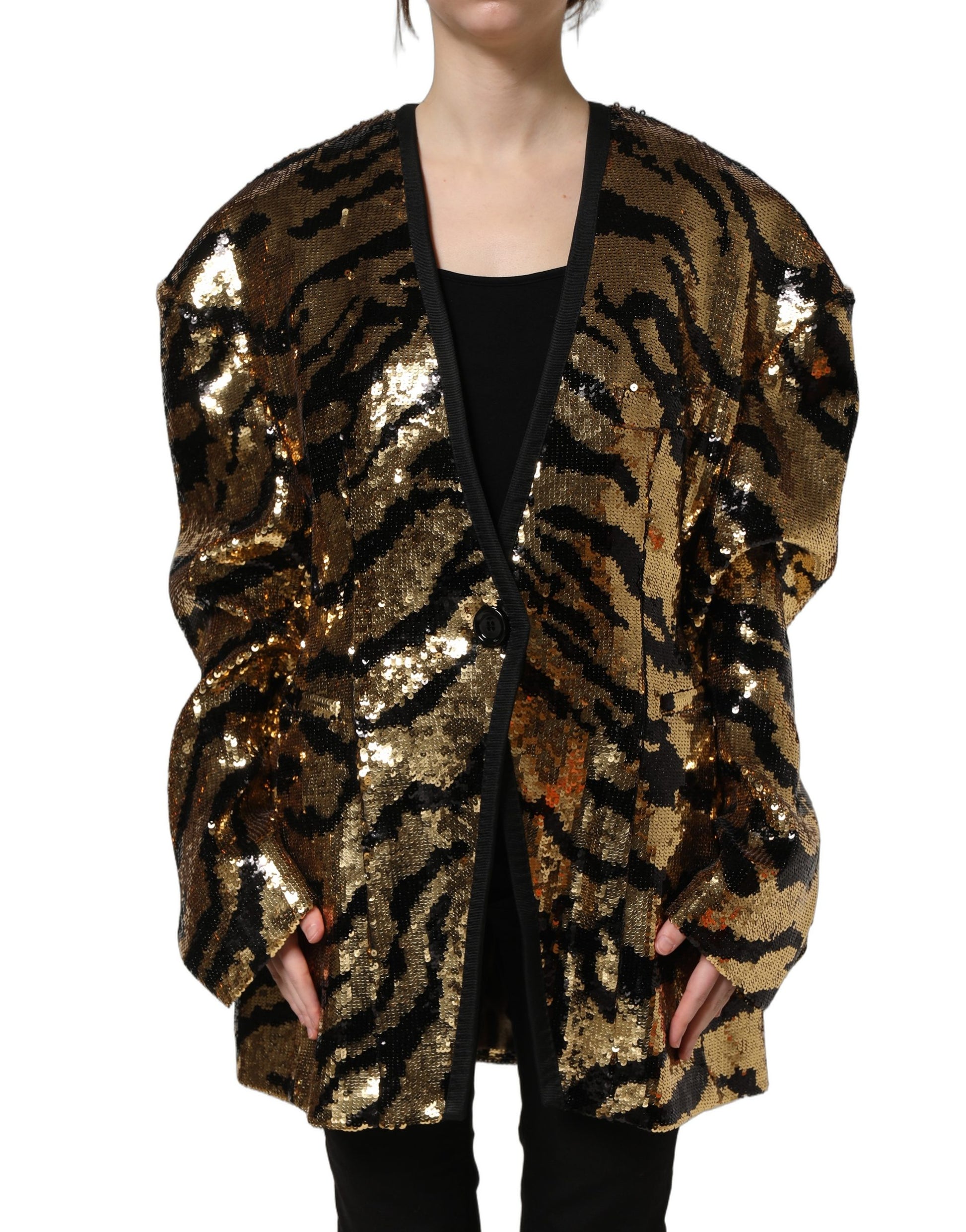Black Gold Sequin Tiger Stripe Blazer Jacket