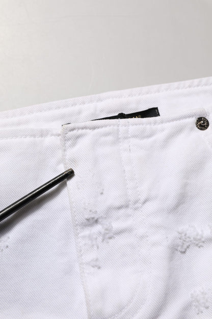 White Distressed Cotton Denim Mini Skirt