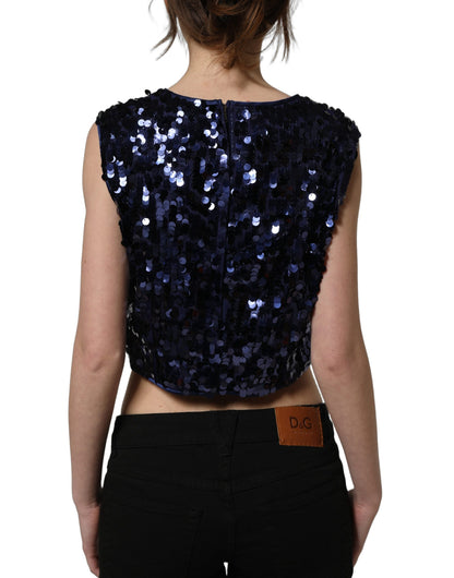 Blue Sequined Sleeveless Cropped Tank Top
