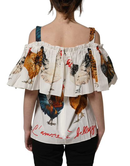 White Rooster Print Poplin Off The Shoulder Top