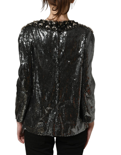 Metallic Gray Sequin Embellished Blouse Top