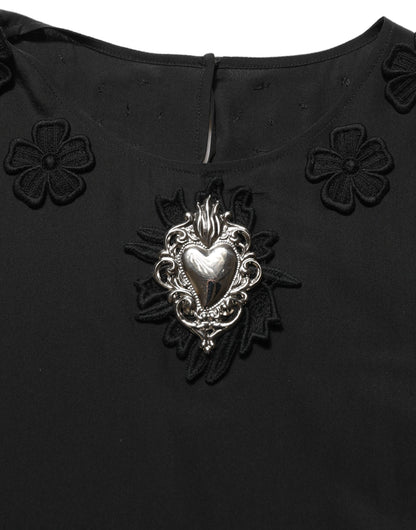 Black Floral Silk Heart Appliqué Blouse Top