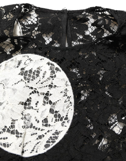 Black White Floral Lace Short Sleeve Blouse Top