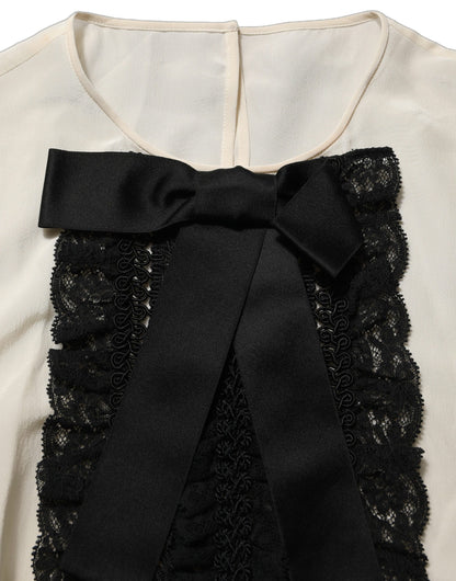 Beige Lace Trim Bow Short Sleeves Blouse Top