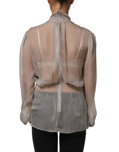 Gray Sheer Silk Chiffon Shirt Bow Collar Top