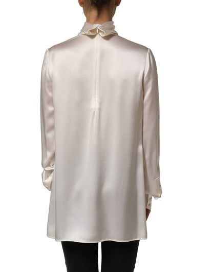 White satin Lace Trim LOng Sleeves Blouse Top
