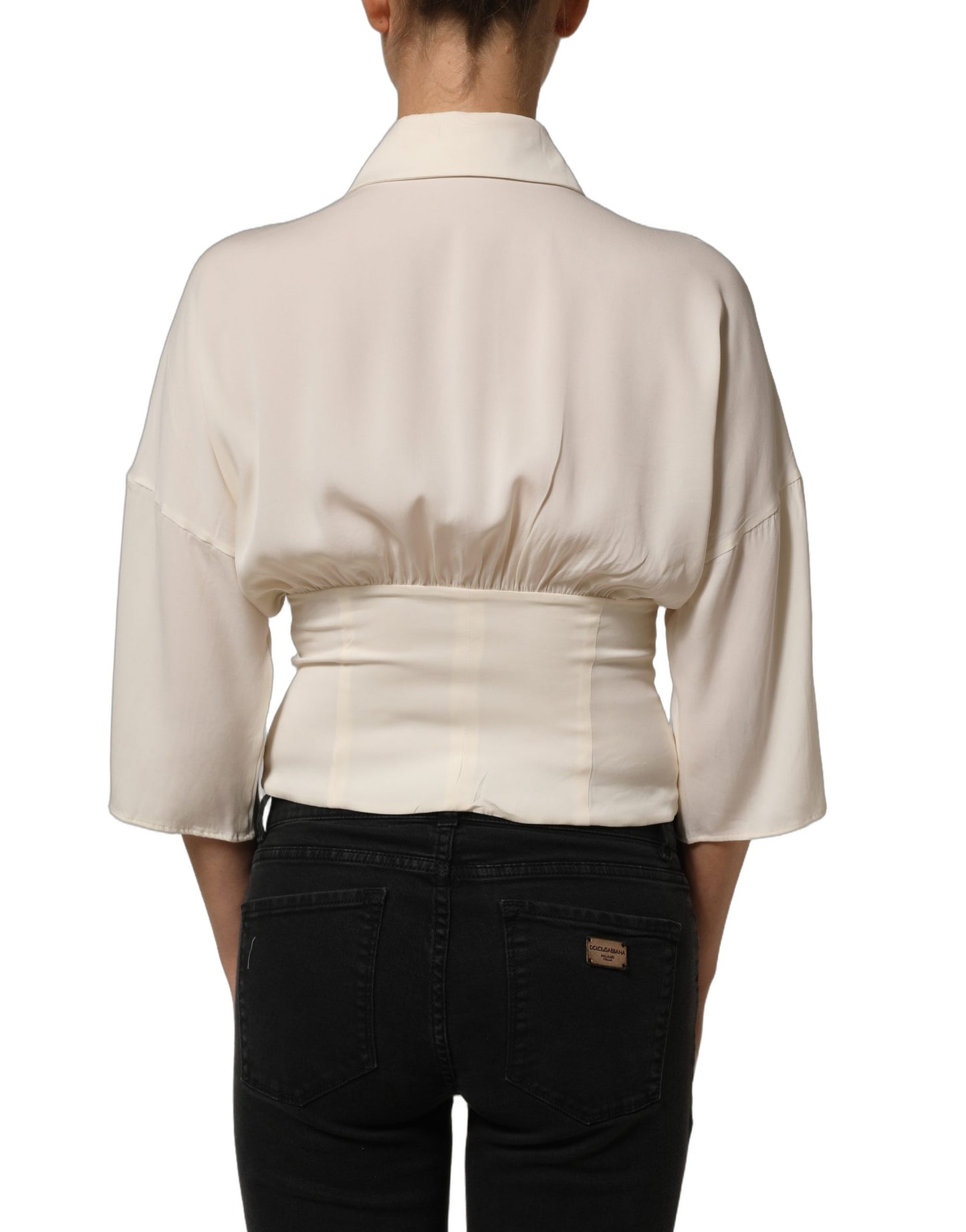 Off White Ascot Collar Long Sleeves Blouse Top
