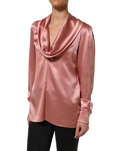 Pink Satin Silk V-neck Long Sleeves Blouse Top