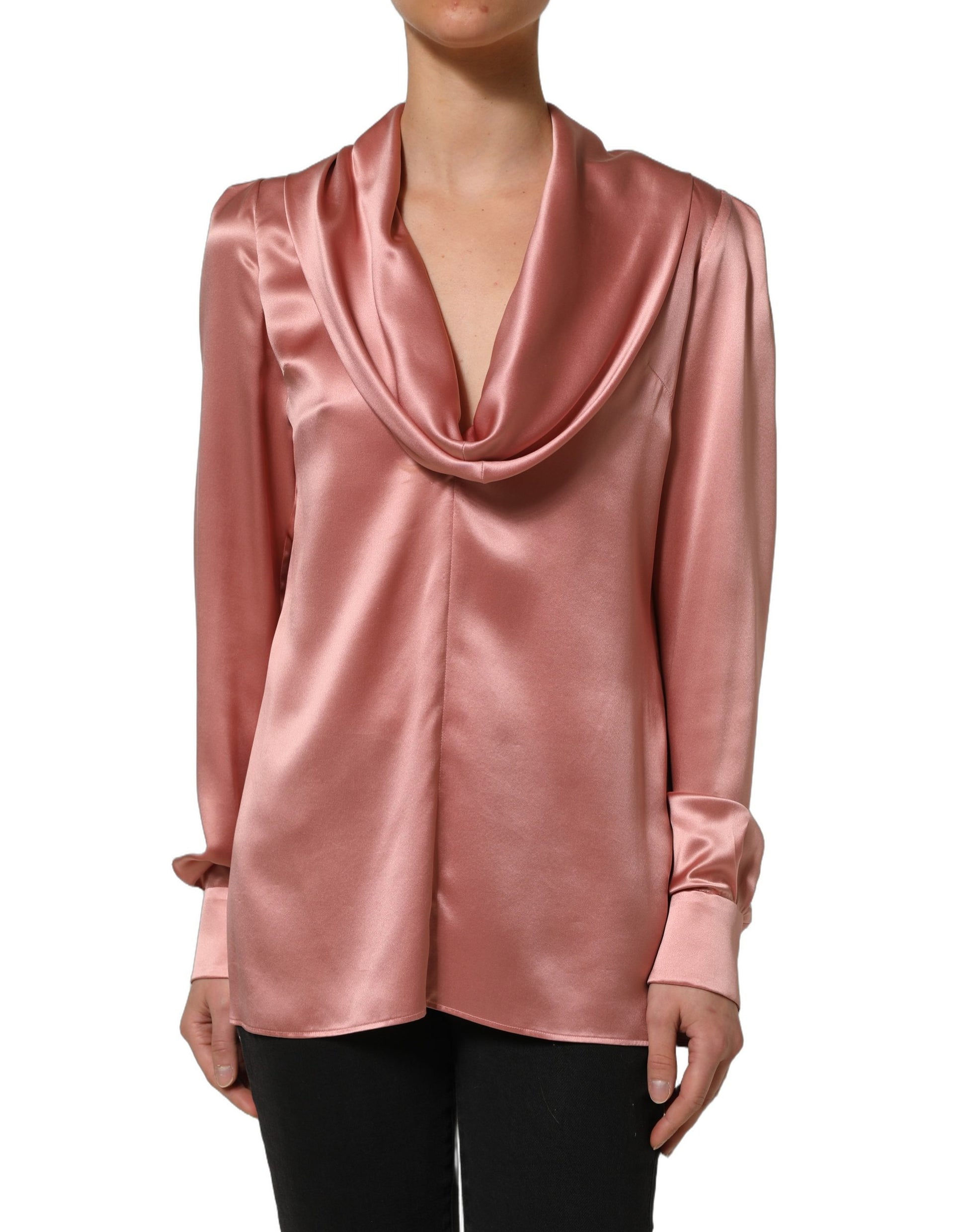 Pink Satin Silk V-neck Long Sleeves Blouse Top
