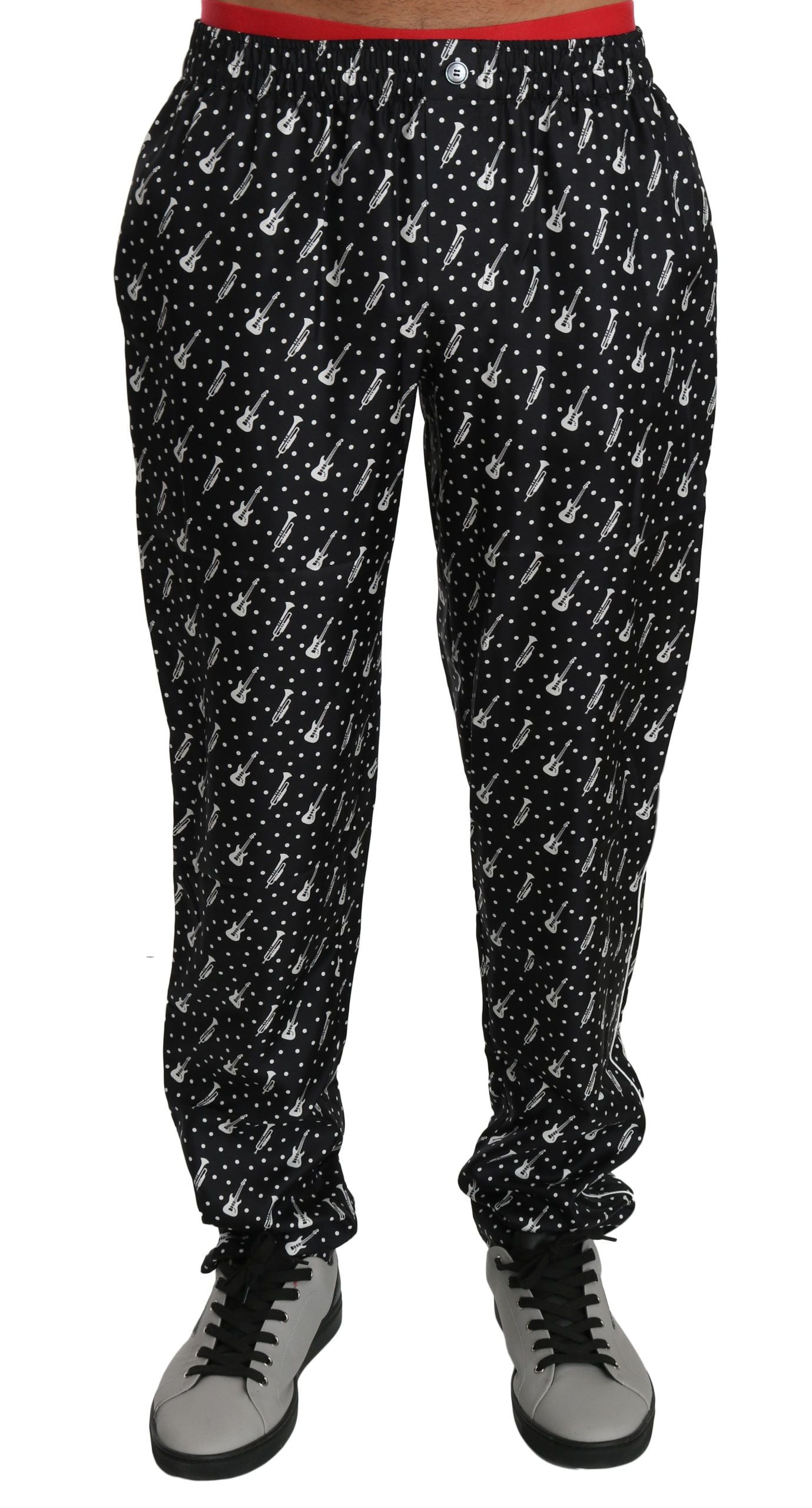 Elegant Black Musical Instrument Print Silk Pants