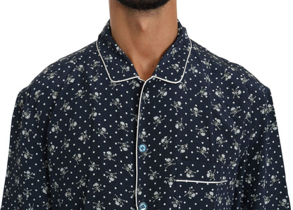 Silken Elegance: Blue Skull Print Lounge Shirt