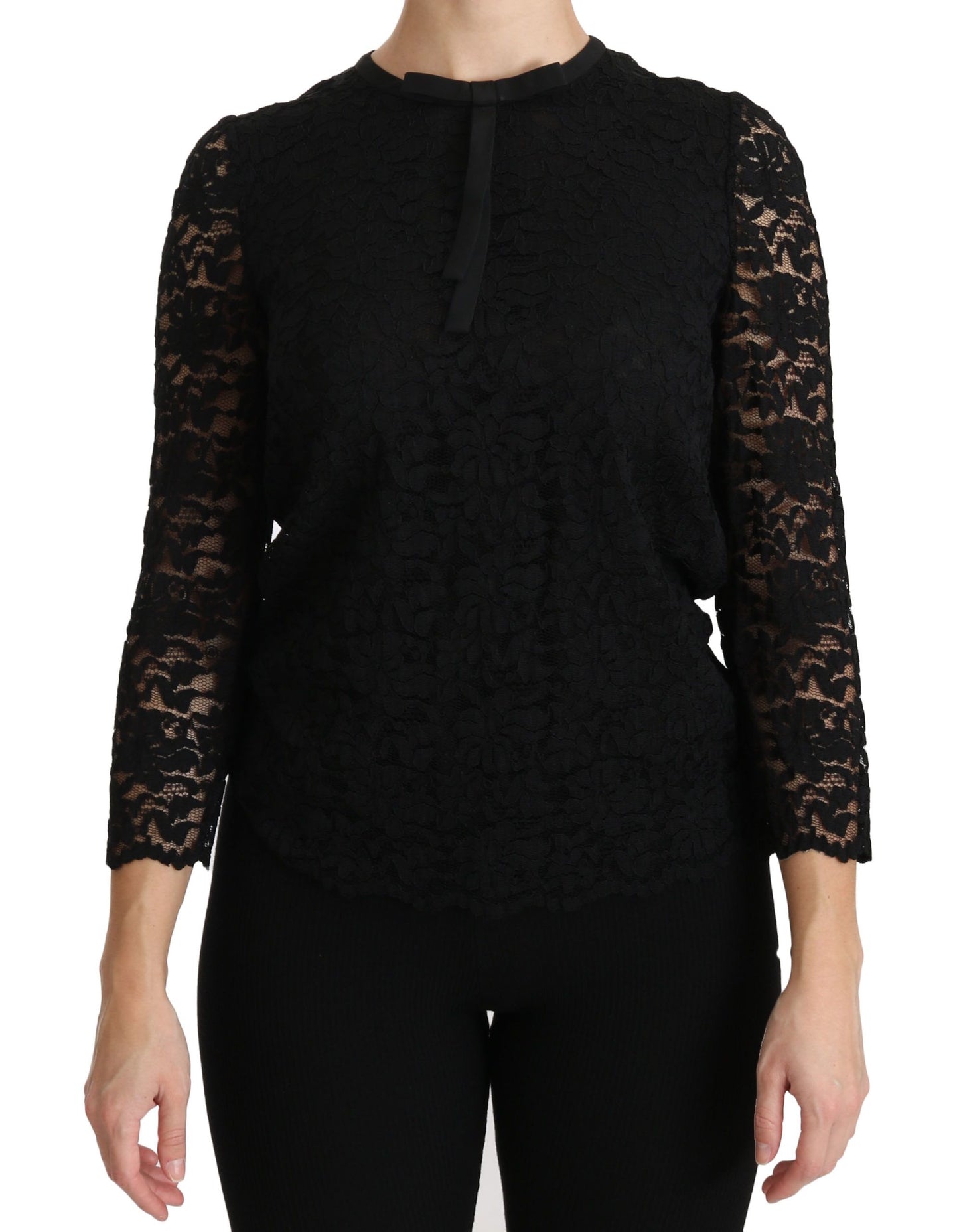 Elegant Black Lace Crew Neck Blouse