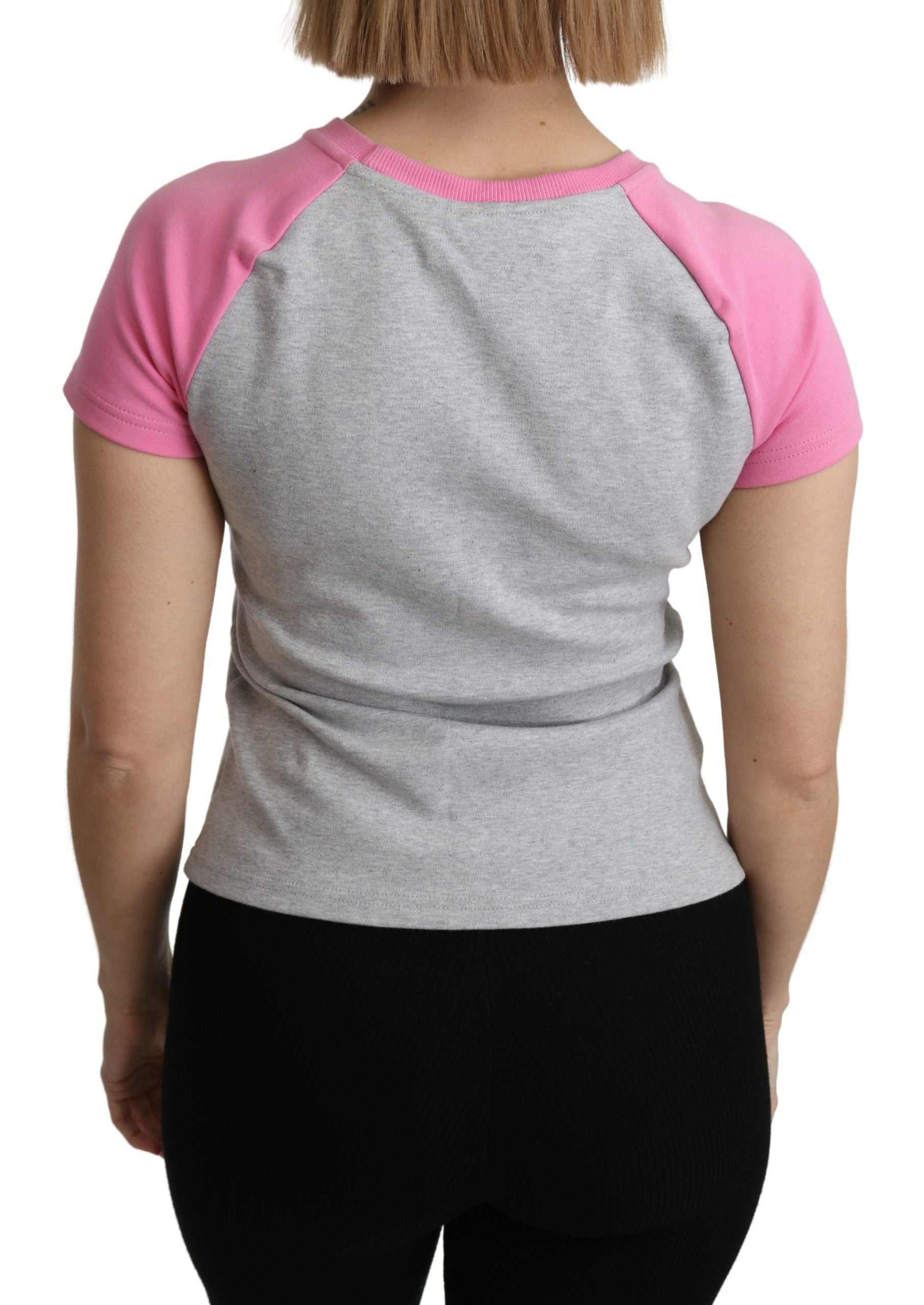 Chic Gray Crew Neck Cotton T-shirt with Pink Accents