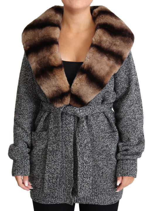 Elegant Cashmere Cardigan with Rabbit Fur Collar