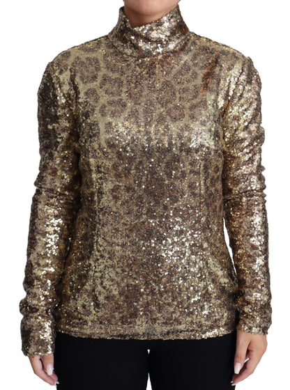 Sequined Turtleneck Full Zip Sweater in Brown