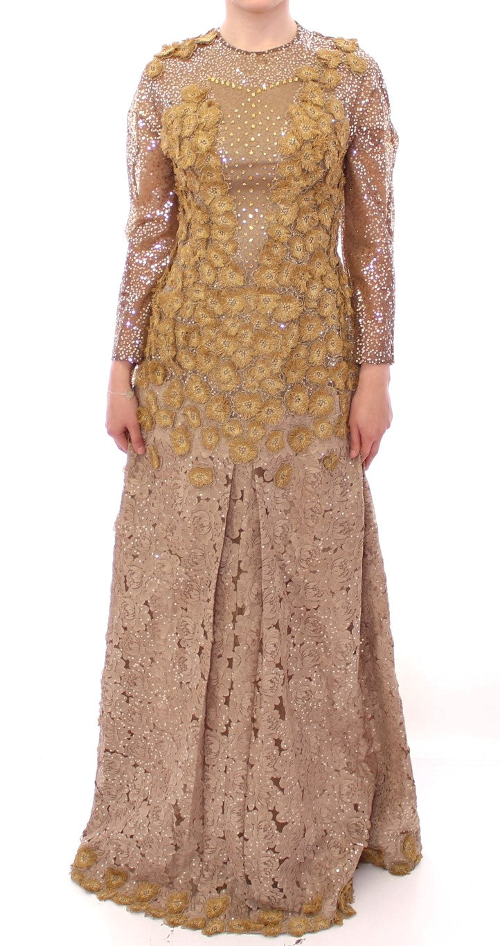 Exquisite Gold Lace Maxi Dress with Crystals