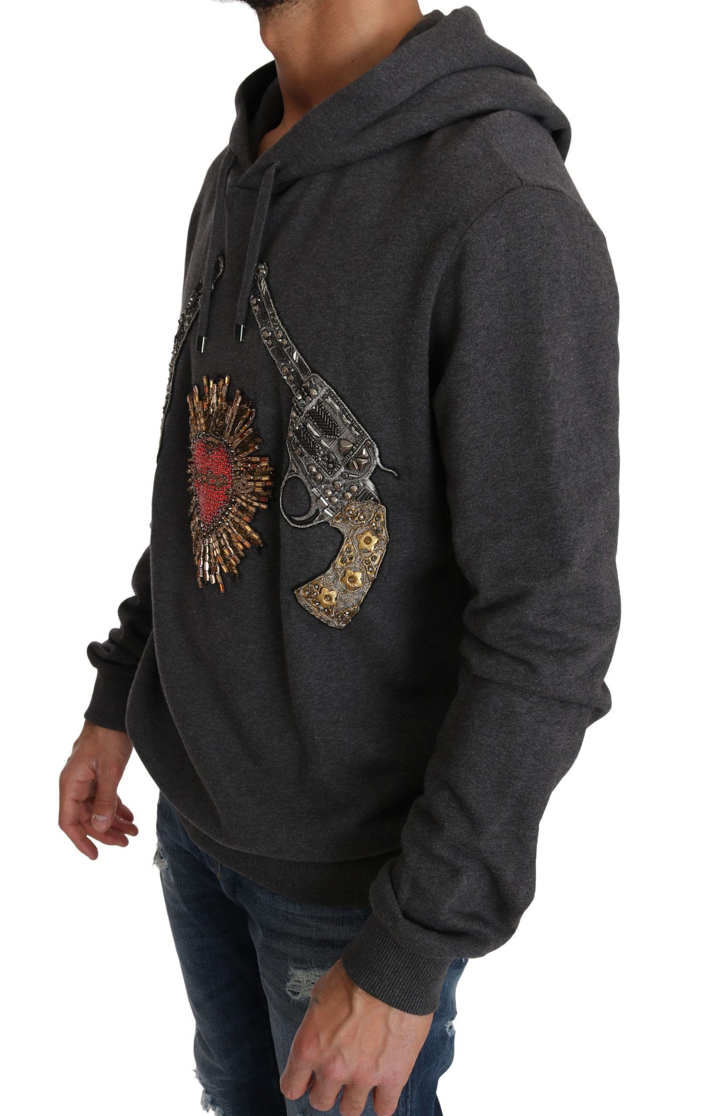 Gray Crystal Heart Gun Motif Sweater