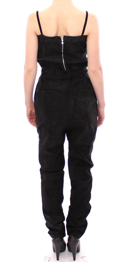 Elegant Black Leather Jumpsuit with Waist Strap