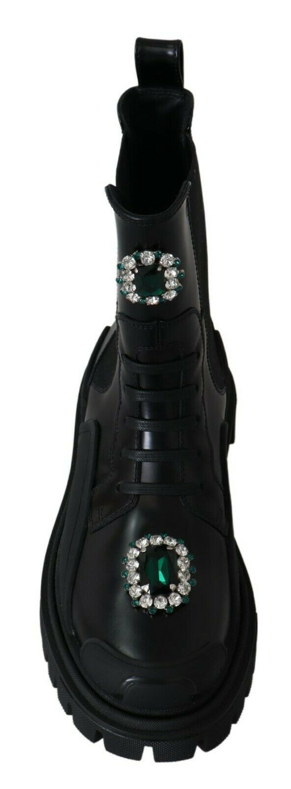 Elegant Black Leather Combat Boots with Crystal Detail