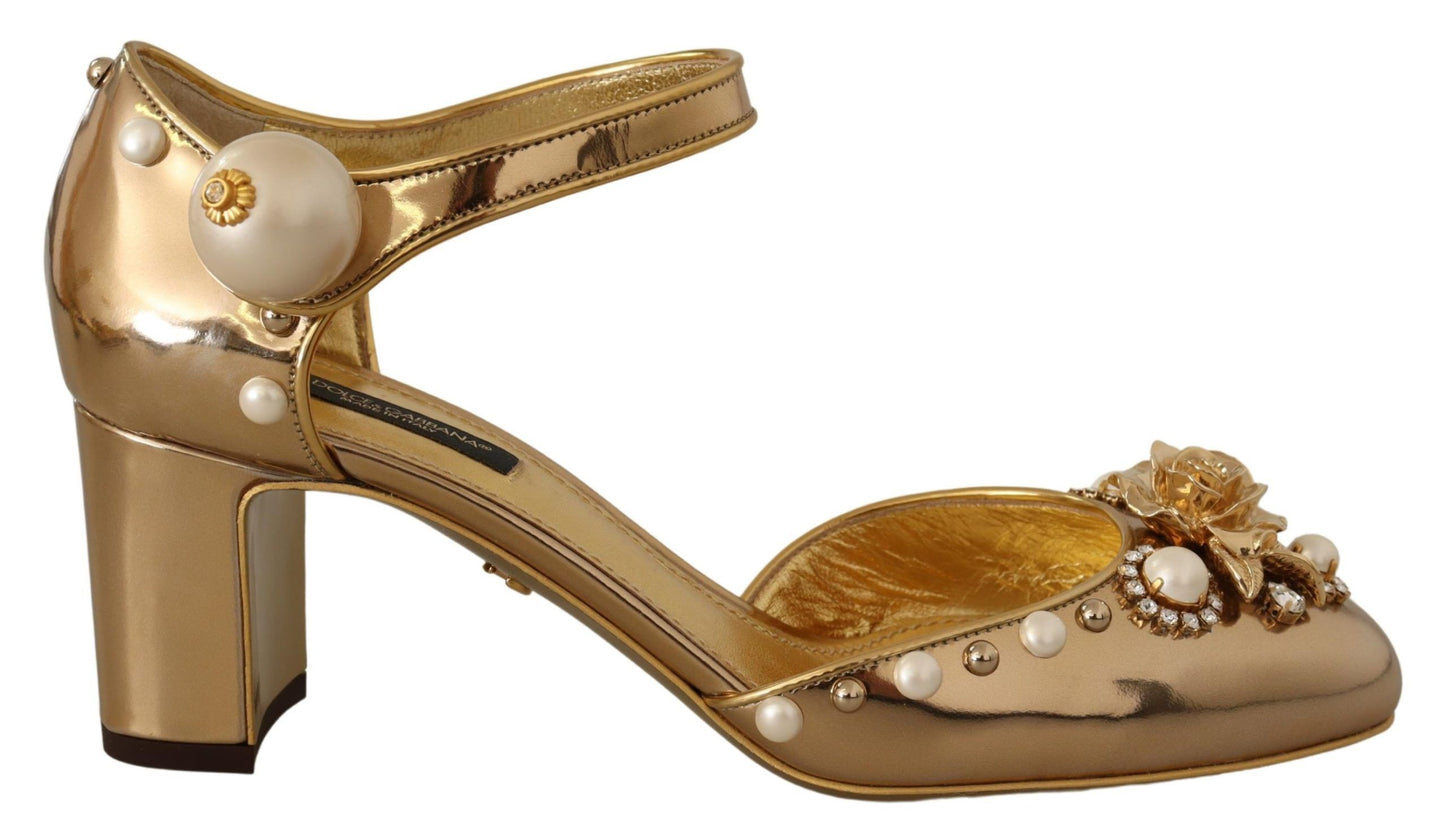 Elegant Gold Leather Block Heels with Crystals