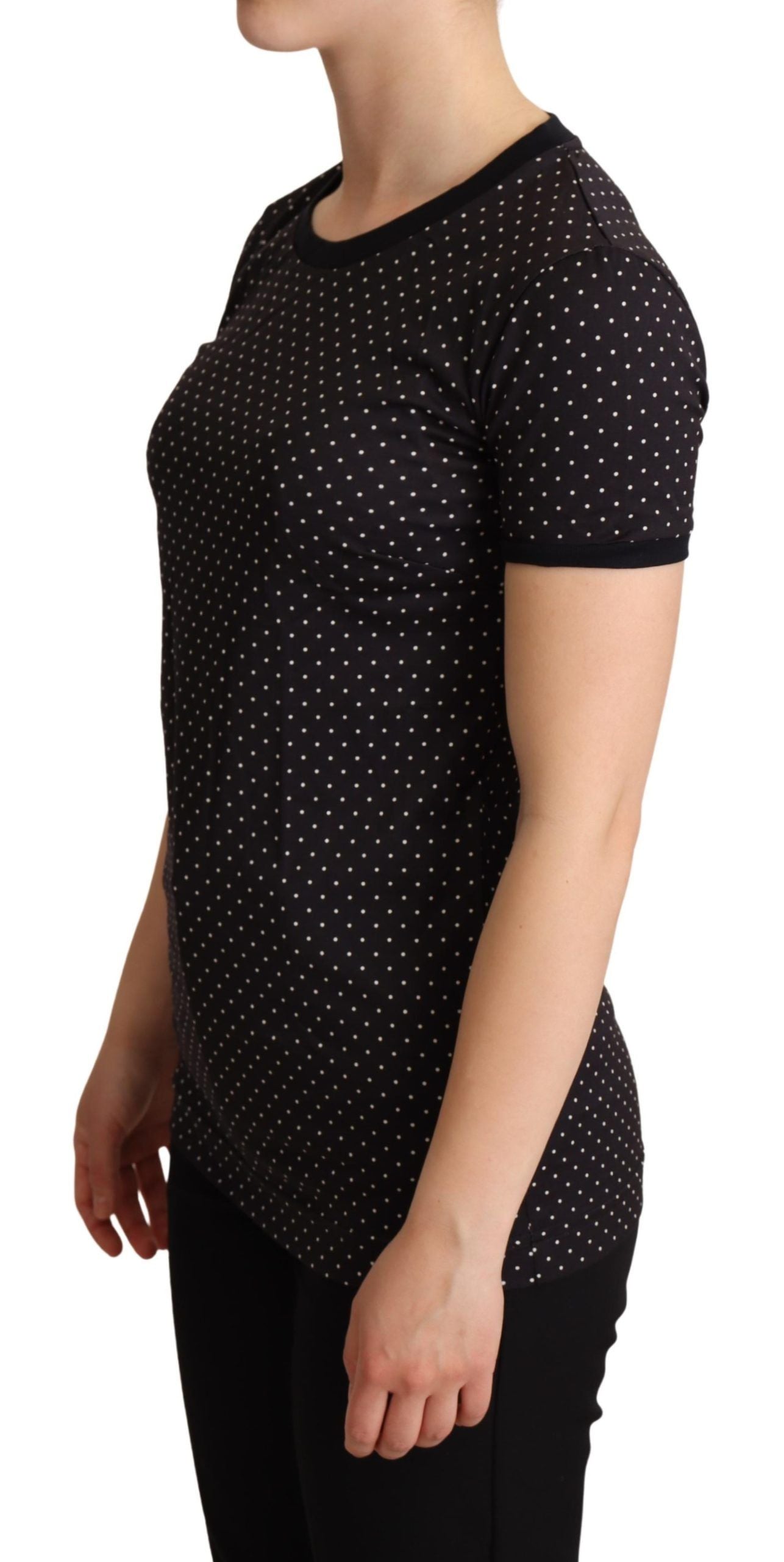 Polka Dotted Black Short Sleeve Crewneck Top