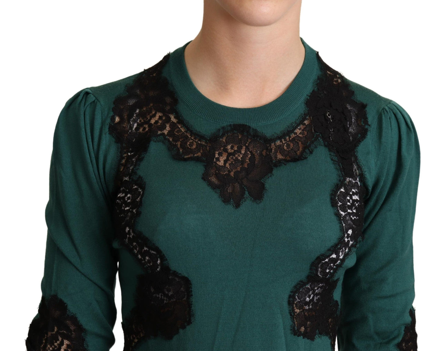 Elegant Green Pullover with Black Lace Detail