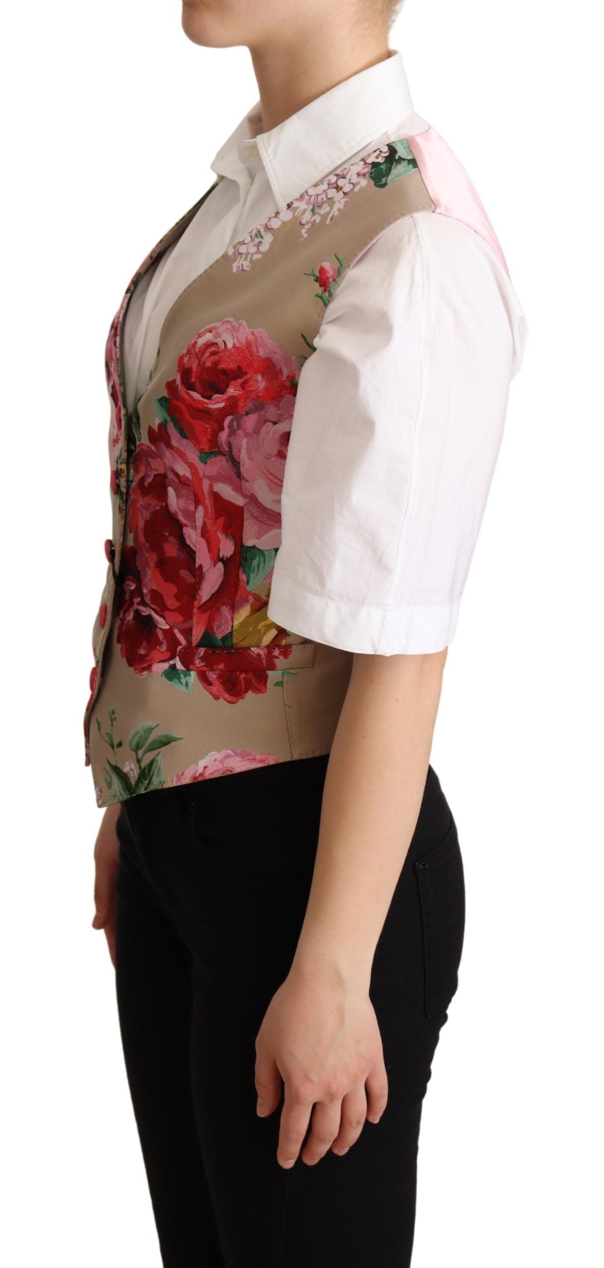 Elegant Floral Beige Sleeveless Vest