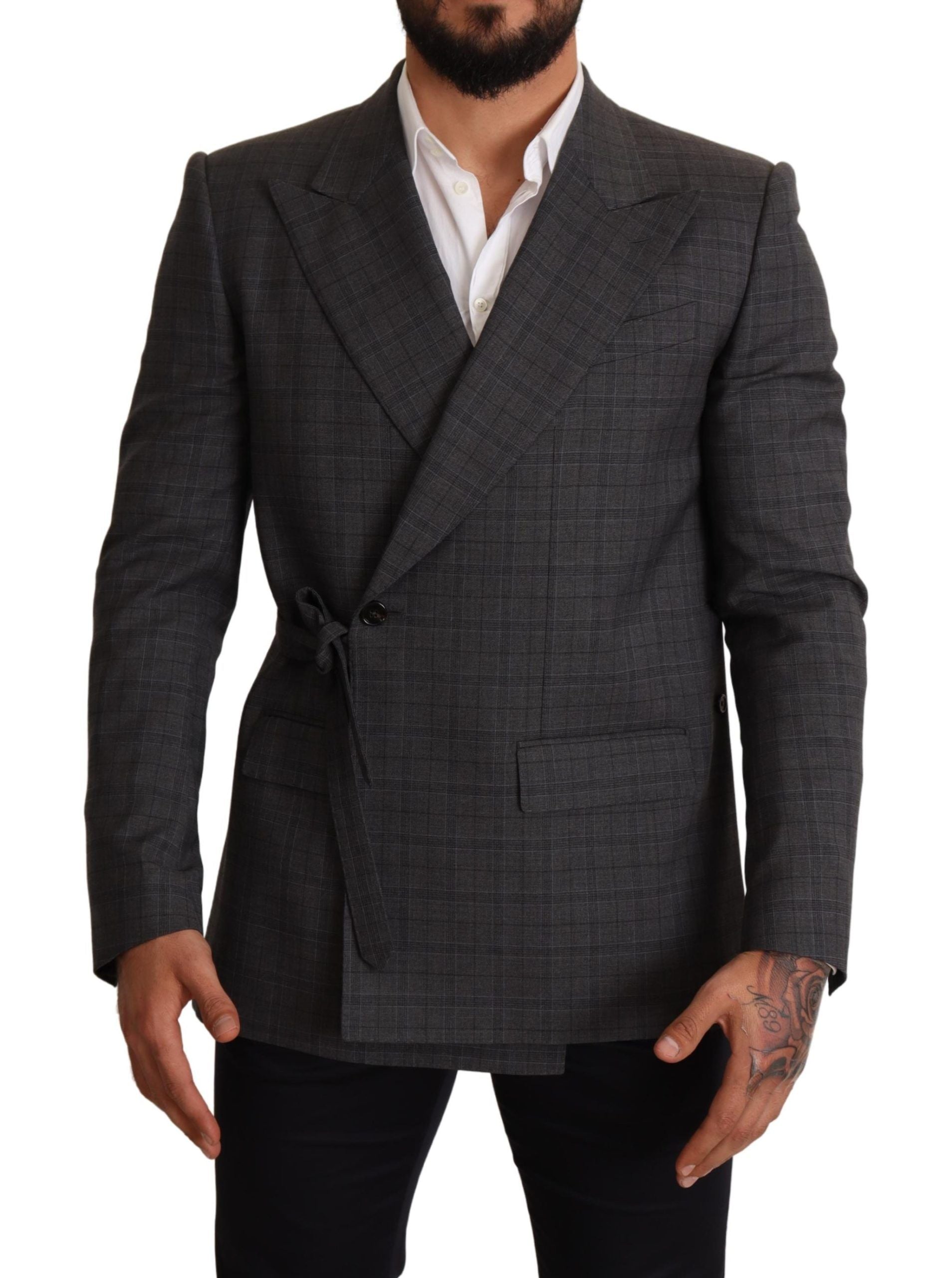 Chic Gray Check Martini Slim Fit Double-Breasted Blazer