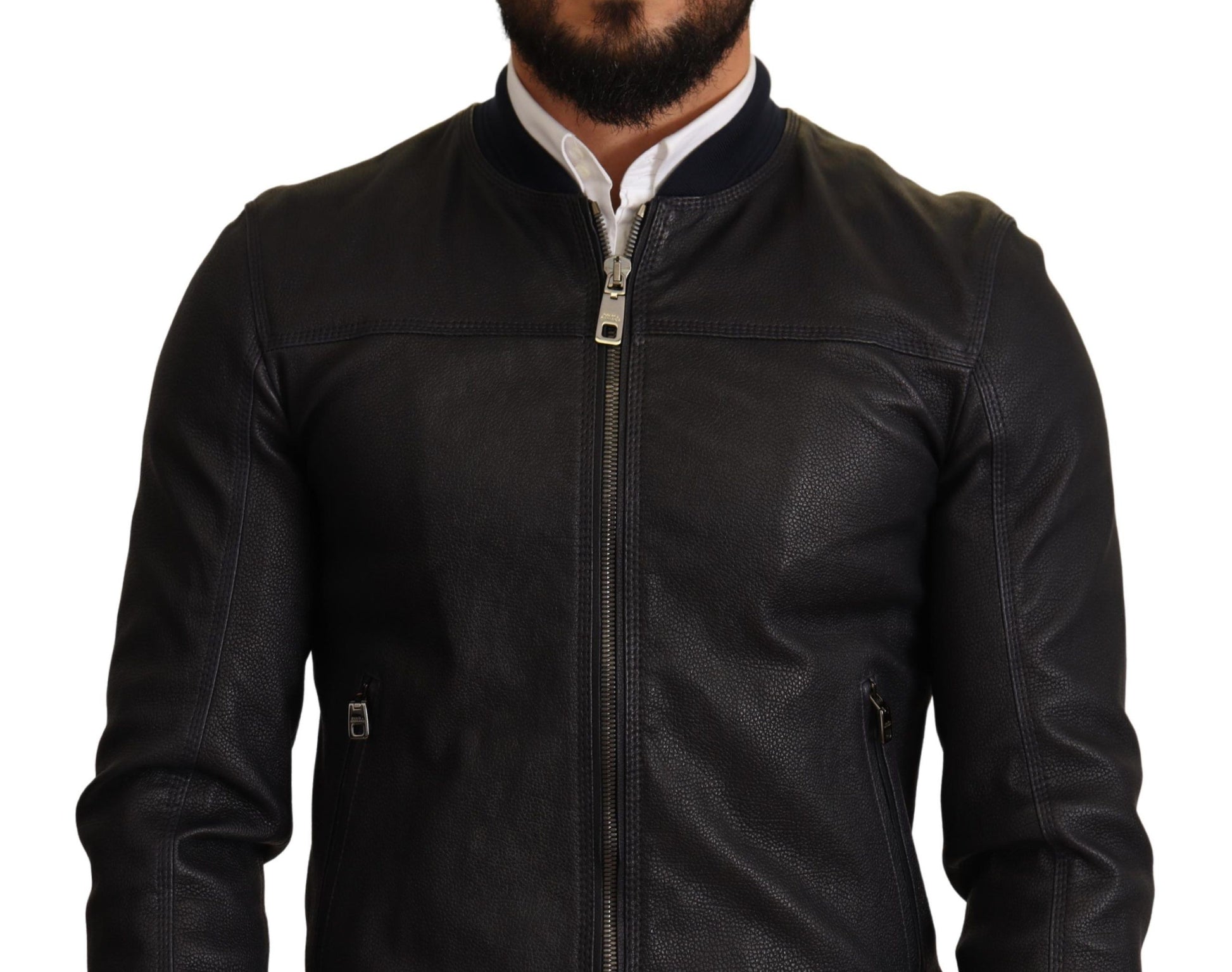 Elegant Leather Bomber Jacket in Dark Blue